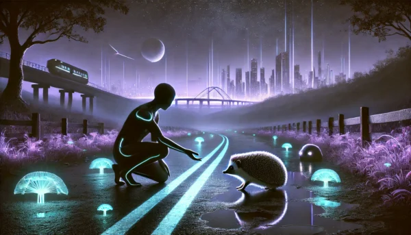 Skendong Poetry - A serene yet futuristic scene inspired by a poem about a hedgehog on a quiet night by Skendong