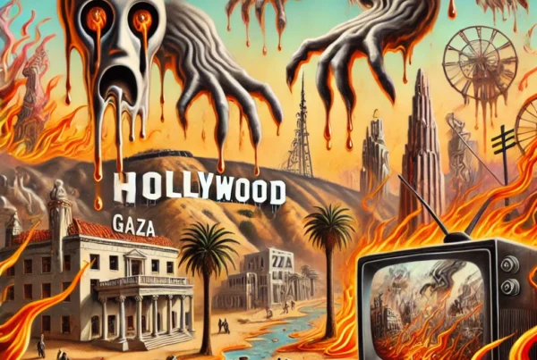 A surreal depiction of Los Angeles in the style of Salvador Dali. The-scene features Hollywood on fire