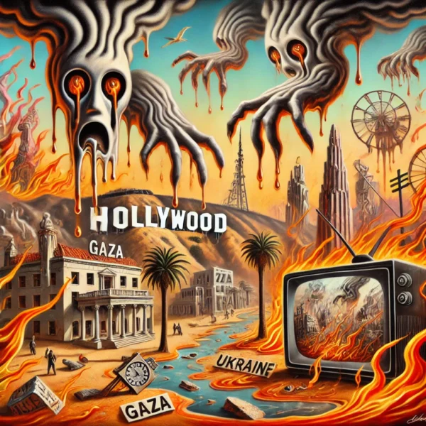 A surreal depiction of Los Angeles in the style of Salvador Dali. The-scene features Hollywood on fire