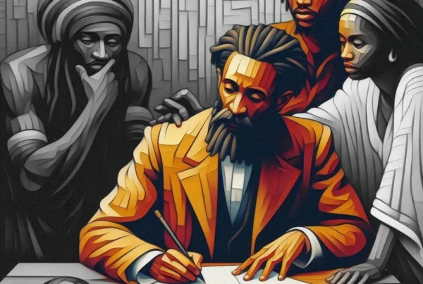 A cubism image of a black poet writing at a desk with a black woman and two black men behind him -Skendong Poetry