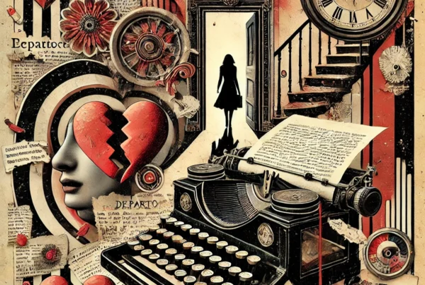 A surreal, Dada-inspired collage-style depicting the theme of heartbreak and poetry. The image features a faceless woman walking through door