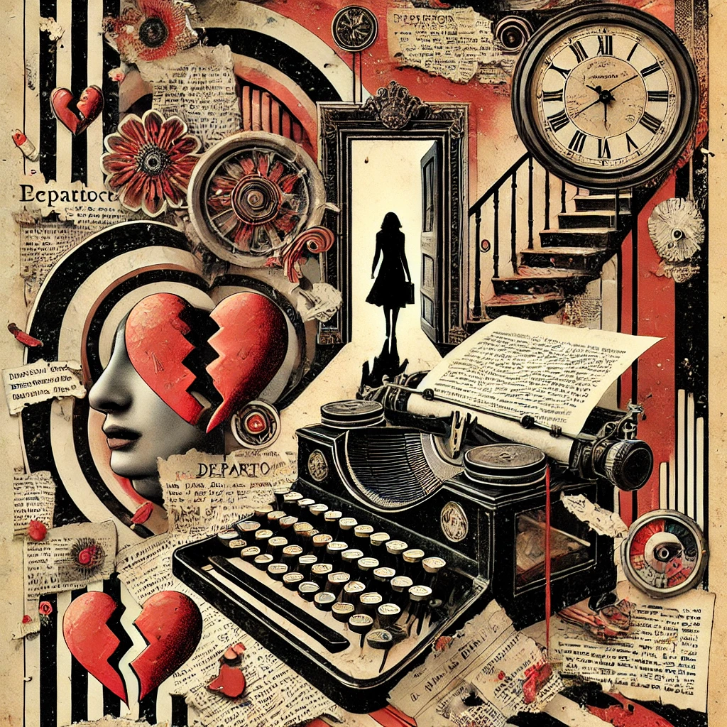 A surreal, Dada-inspired collage-style depicting the theme of heartbreak and poetry. The image features a faceless woman walking through door