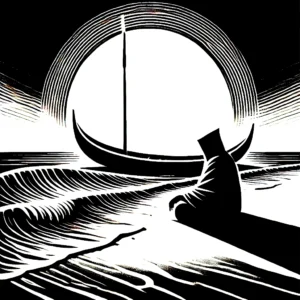 A stark black and white minimalist illustration with high contrast featuring he sun sea and sand. A hooded figure sits by a pirogue - Skendong-Poetry