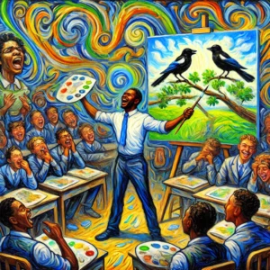 A highly abstract impressionism painting of a high school art classroom. A Black male student stands in the foreground proudly holding up his picture - Skendong