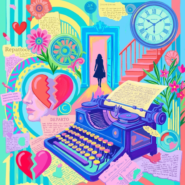A vibrant collage filled with swimming-pool blues, sunny yellows, pink accents, and a central typewriter. Generated for Skendong Poetry.