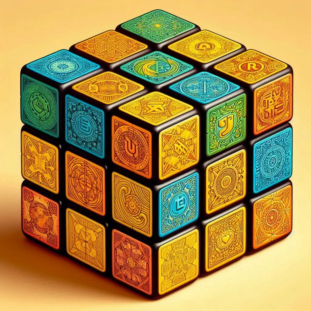 A multicolured ancient looking Rubik's Cube on an orange canvas - Skendong Poetry