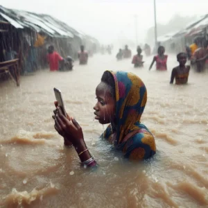 A young girl eagerly observes her phone amidst flooding Skendong Poetry