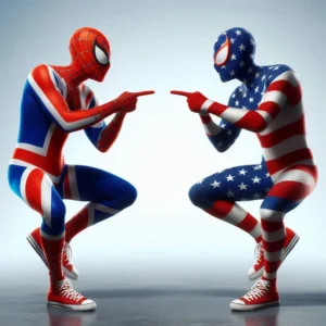 A picture of two spidermen, draped in a costume of a British and American flag respectively