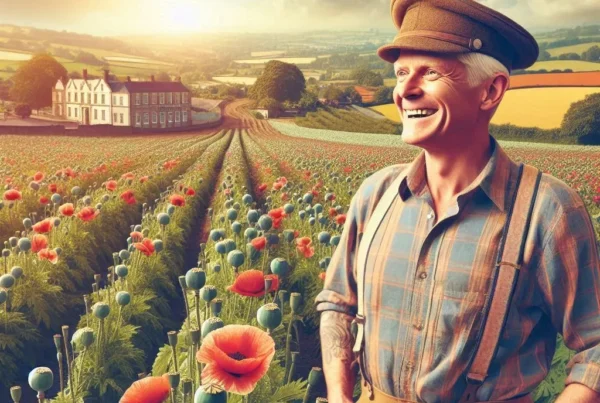 A quintessential british farmer looking over a field of opium and cocoa cultivation on a bright sunny day - Skendong Poetry