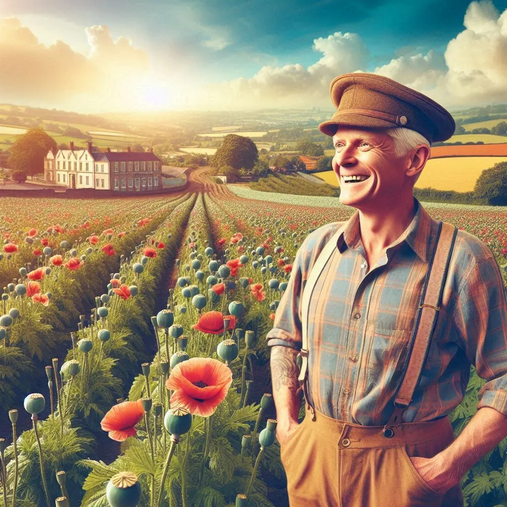 A quintessential british farmer looking over a field of opium and cocoa cultivation on a bright sunny day - Skendong Poetry