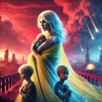 A futuristic, sorrowful blonde woman draped in flowing yellow and blue fabric, symbolizing Ukraine, standing with two forlorn children - Skendong Poetry