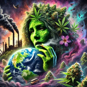 A surreal depiction of Earth as a sentient being, looking weary and distressed. Dark industrial smoke and pollution swirl around her - Skendong Poetry