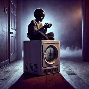 A young Black boy sits on top of a rectangular air dryer for clothes in a dimly lit room on a cold winter night - Skendong Poetry