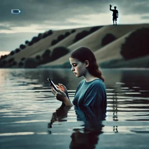 A teenage girl stands waist-deep in still water, engrossed in her phone. The screen glows dimly, indicating low battery. She looks distracted - Skendong Poetry