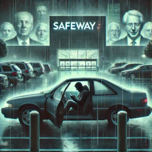 A stark, modern digital painting depicting a lone man sitting in his car in a dimly lit, dreary Safeway parking lot, engrossed in his phone - Skendong Poetry