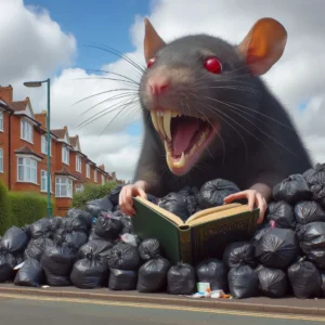 A giant rat with extremely sharp teeth reading from a book titled "Oracle" next to mountain of black refuse bags on a suburban street in Birmingham city, UK - Skendong Poetry