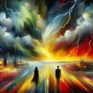 A bright coloured image of two lovers in surreal stormy weather - Skendong Poetry