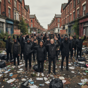 People standing strong in the middle of a littered street, looking determined