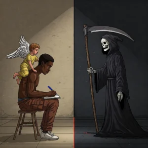 a black male with pen and notebook and an angel on his back, facing the Death