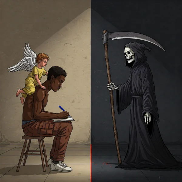 a black male with pen and notebook and an angel on his back, facing the Death