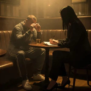 a man talking to a journalist in a pub