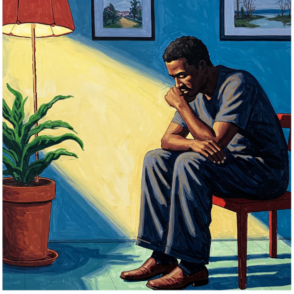 A David Hockney-style image depicts a solitary Black man seated by a blue pool, his arms folded in a thinking pose. The sparse setting and vibrant colors evoke a sense of longing and introspection, reflecting the poem's themes of absence, presence, and enduring love.