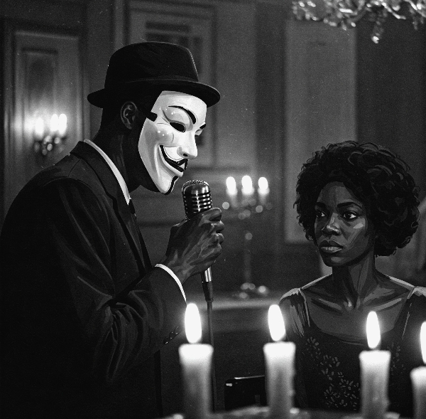 a black male in a black suit, black hat and Anonymous mask serenades a black woman in a candlelit room with a mic in his hand