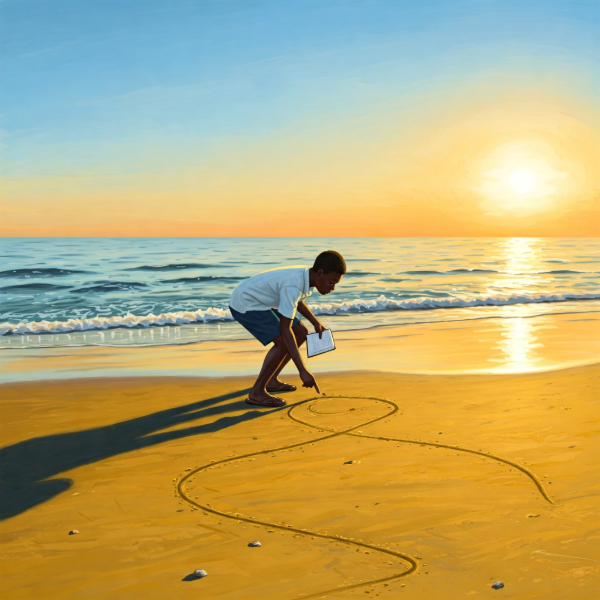 a young black male about to write a name in the golden sand by the sea
