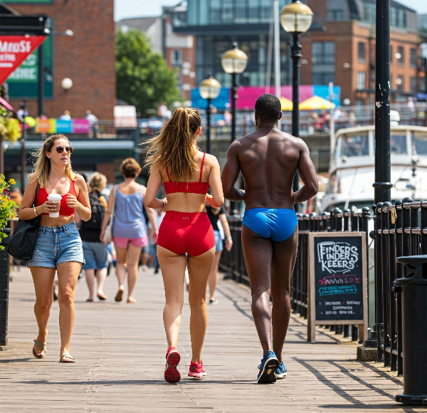 A vibrant image captures a fit white woman jogging with her black partner on a Marina. Another woman ogles the man.