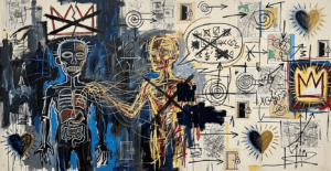 A raw canvas featuring skeletal figures, crowns, radiant hearts, and chaotic, expressive scribbles.