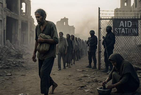 Haunting image of starving people lined up outside an distribution aid centre while a lady sits down pounding leaves into flour