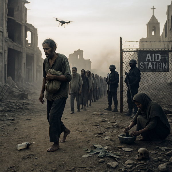 Haunting image of starving people lined up outside an distribution aid centre while a lady sits down pounding leaves into flour