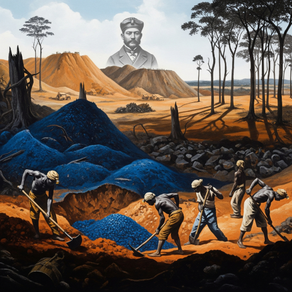 Cobalt miners toil under King Leopold's ghostly gaze.