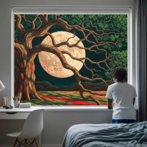 A young Black man looks from his window at a surreal scene: a cream mottled moon through geometric oak branches against a dark sky.