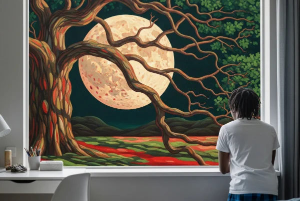 A young Black man looks from his window at a surreal scene: a cream mottled moon through geometric oak branches against a dark sky.