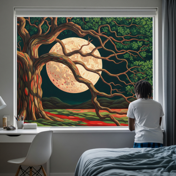 A young Black man looks from his window at a surreal scene: a cream mottled moon through geometric oak branches against a dark sky.
