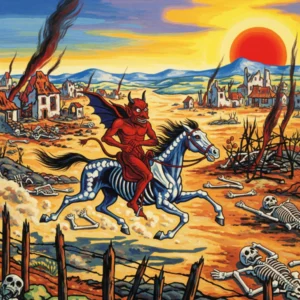 A Hockney-style painting features a grotesque devil on a skeletal horse riding through a desolate, sun-drenched landscape, marked by charred ruins and skeletal remains. Vibrant colors highlight themes of shame, violence, and plundering.