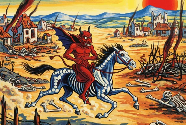 A Hockney-style painting features a grotesque devil on a skeletal horse riding through a desolate, sun-drenched landscape, marked by charred ruins and skeletal remains. Vibrant colors highlight themes of shame, violence, and plundering.
