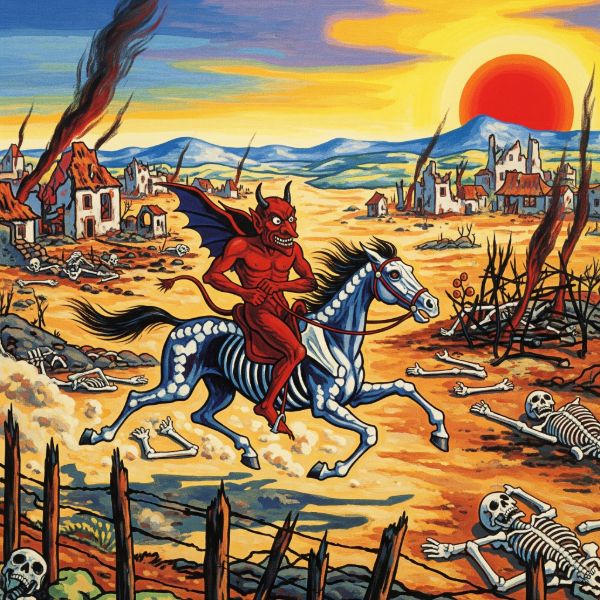 A Hockney-style painting features a grotesque devil on a skeletal horse riding through a desolate, sun-drenched landscape, marked by charred ruins and skeletal remains. Vibrant colors highlight themes of shame, violence, and plundering.