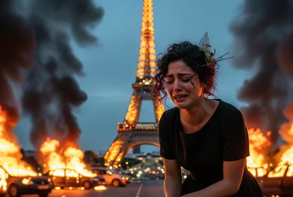a woman crying near the a lit up eiffel tower surrounded by smouldering cars