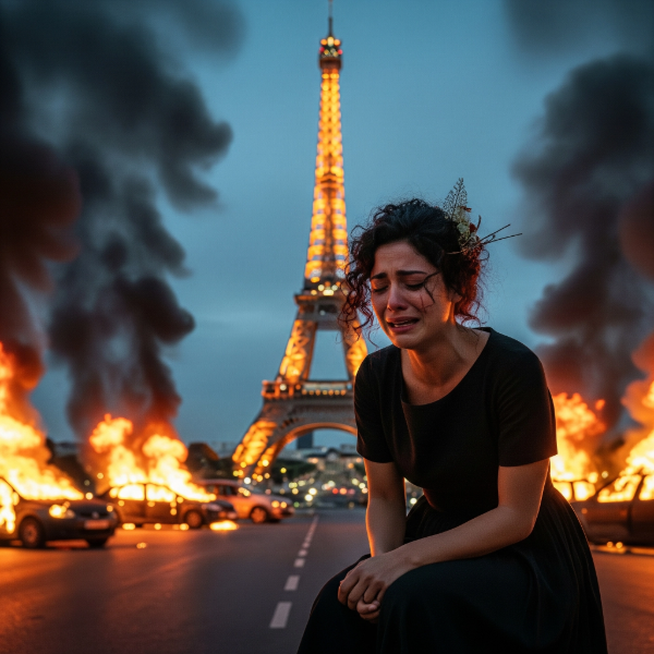 a woman crying near the a lit up eiffel tower surrounded by smouldering cars