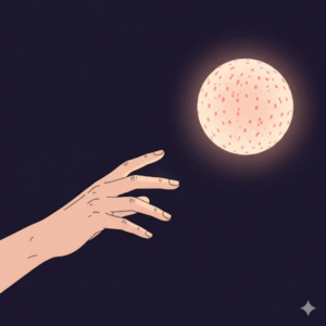 A minimalist image of a hand reaching towards a glowing, strawberry-colored sphere against a dark indigo background.