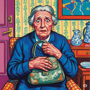 A startled, elderly woman sat down in a chair clutching her handbag