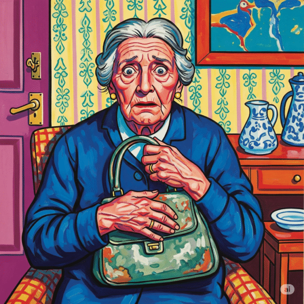 A startled, elderly woman sat down in a chair clutching her handbag