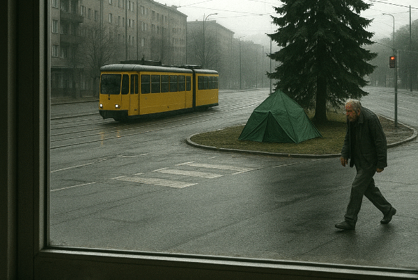 From the view of a window with a cup of coffee on the table, a yellow tram is on its way past a fir tree, as a dishevelled man walks past. Skendong Poetry.
