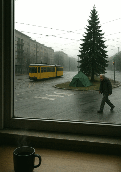 From the view of a window with a cup of coffee on the table, a yellow tram is on its way past a fir tree, as a dishevelled man walks past. Skendong Poetry.