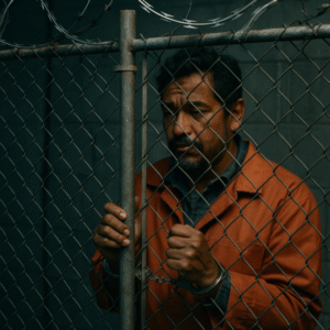 A somber man with brown skin, clad in orange, gazes out from behind a mesh fence, a picture of profound sadness in his detention.