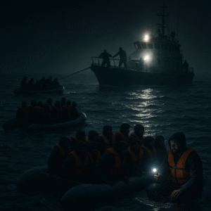 Migrants in overcrowded dinghies navigate dark, choppy waters at night, illuminated by the harsh beam of a nearby coastguard vessel. One man holds a small light, his face tense with resolve, as others huddle in silence under life jackets.