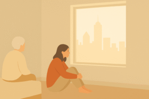 Middle-aged woman sitting in a dim bedroom with her mother, reflecting on housing struggles and urban isolation.