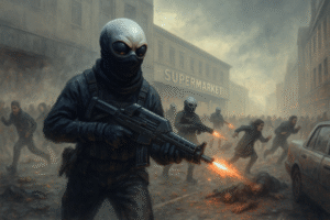 A humanoid alien with a large head and black almond-shaped eyes, wearing a dark balaclava and holding a sleek futuristic pulse rifle, stands motionless in a tense urban setting. Skendong Poetry.